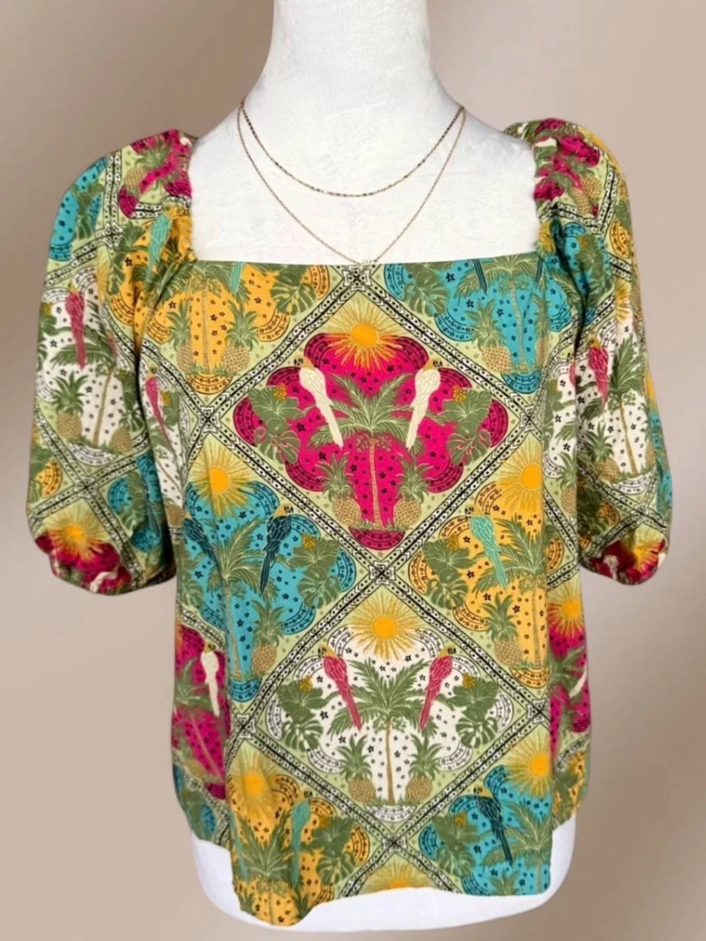 LOFT Tropical Patchwork Blouse Palm Tree Square Neck Puff Sleeve Size Small